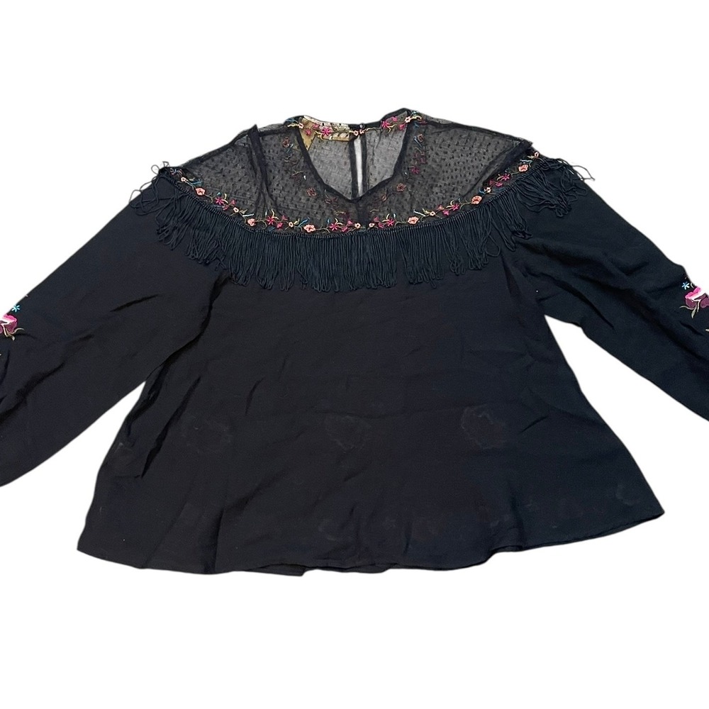 Wrangler Black Embroidered Fringe Floral Womens Top Western Rodeo Medium Whimsy - Picture 6 of 9